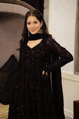 Elegant Black Embroidered Georgette Anarkali Set with Dupatta and Cotton Pants