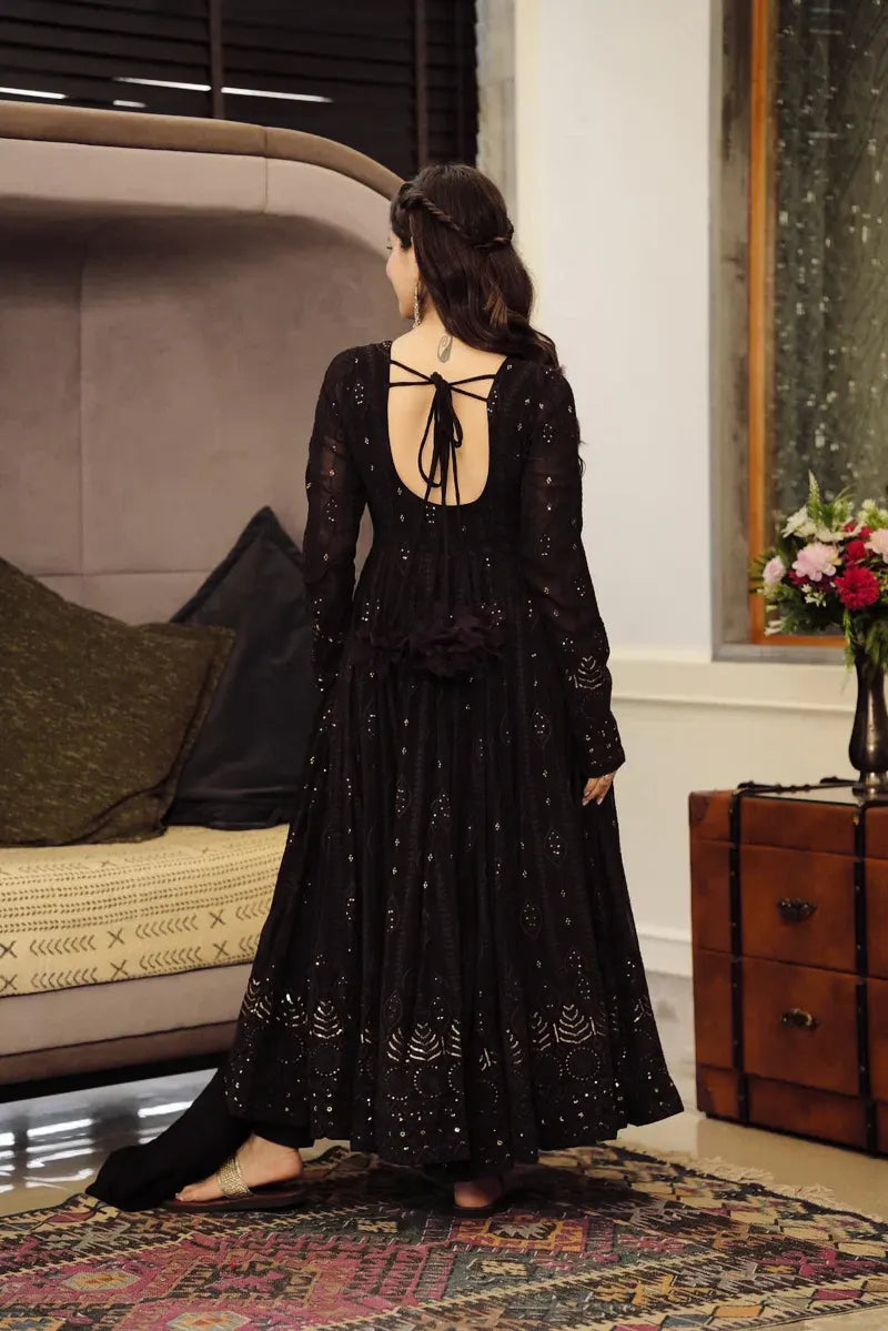 Elegant Black Embroidered Georgette Anarkali Set with Dupatta and Cotton Pants