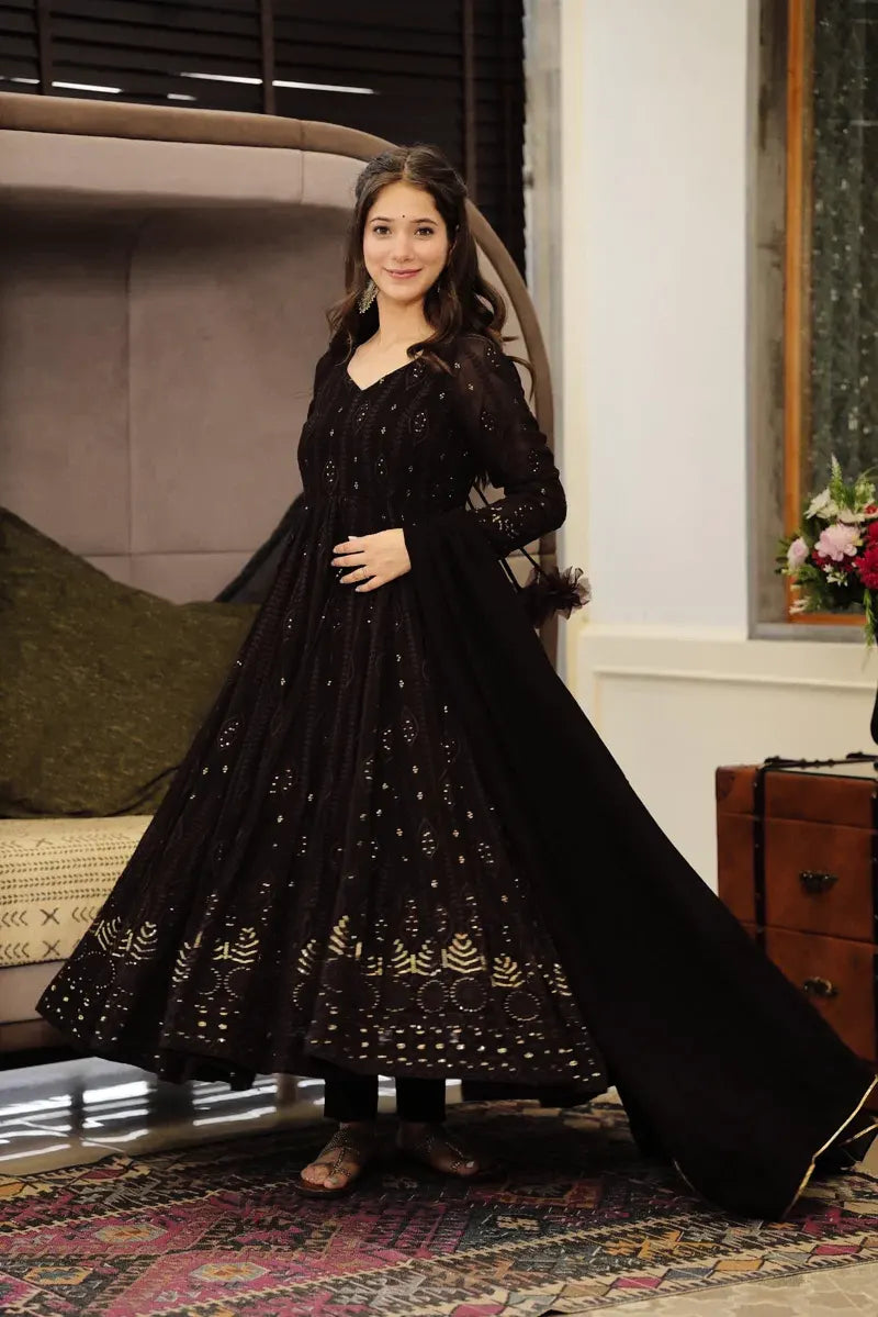 Elegant Black Embroidered Georgette Anarkali Set with Dupatta and Cotton Pants