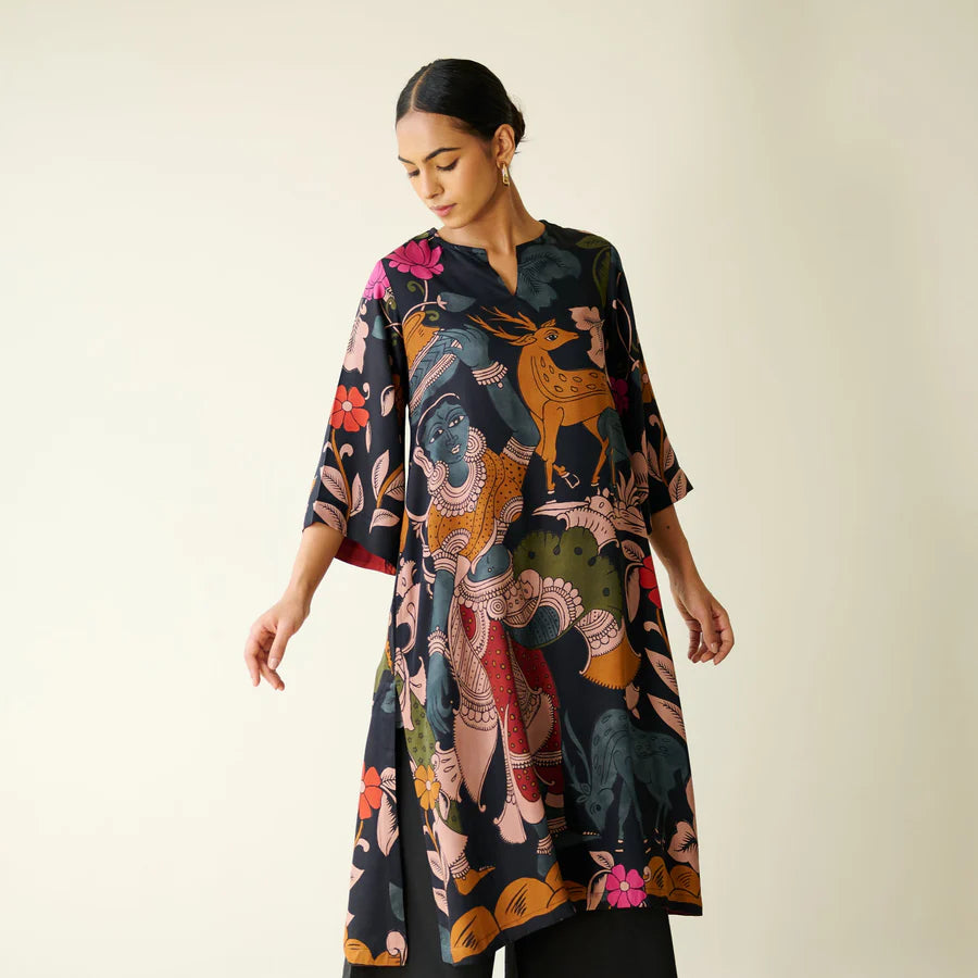 Chitra Kalamkari Print Kurta & Relaxed Churidar Pants Set (Black & Multi-Colored)