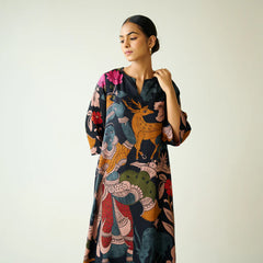 Chitra Kalamkari Print Kurta & Relaxed Churidar Pants Set (Black & Multi-Colored)