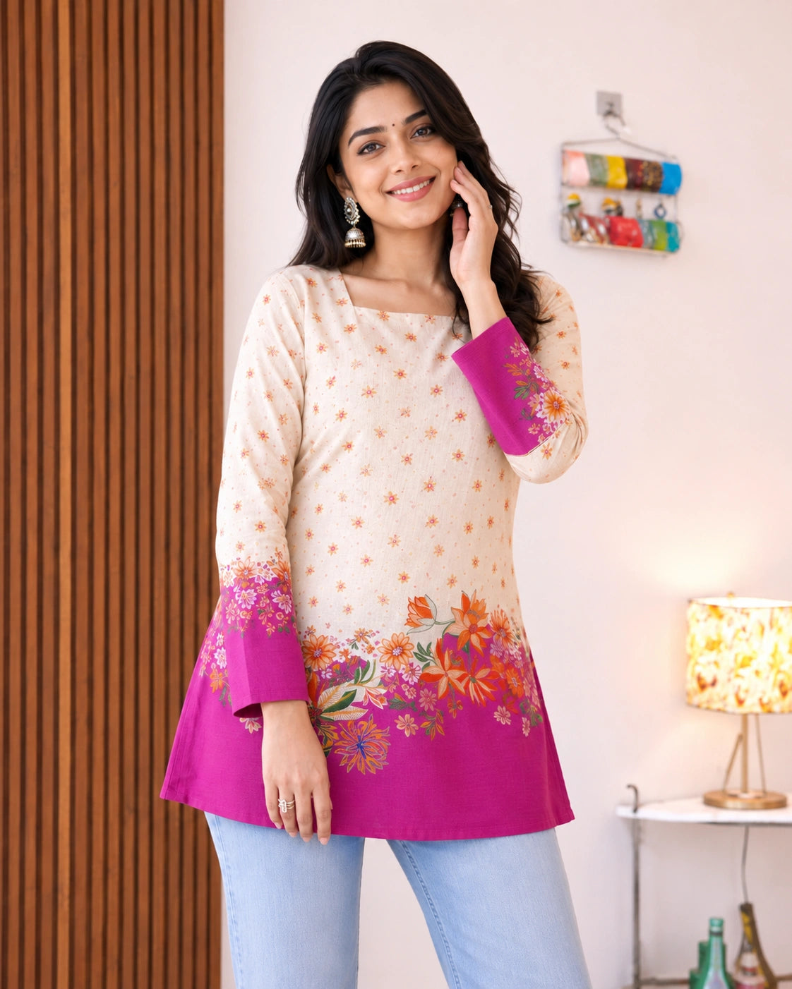 Pushpika Floral Border Lace-Up Kurti