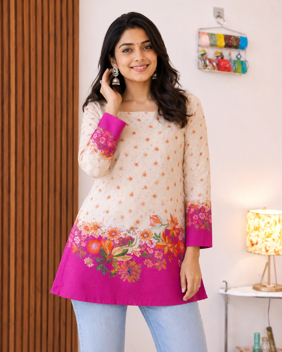 Pushpika Floral Border Lace-Up Kurti