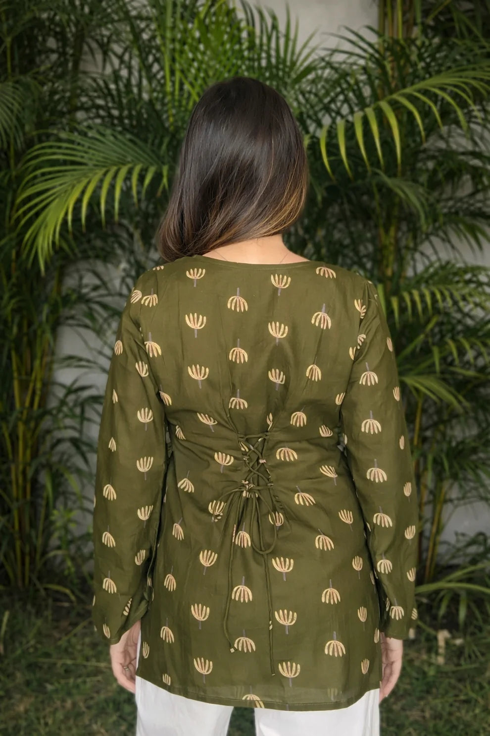 Olive Green Hand Block Print Cotton Short Kurti