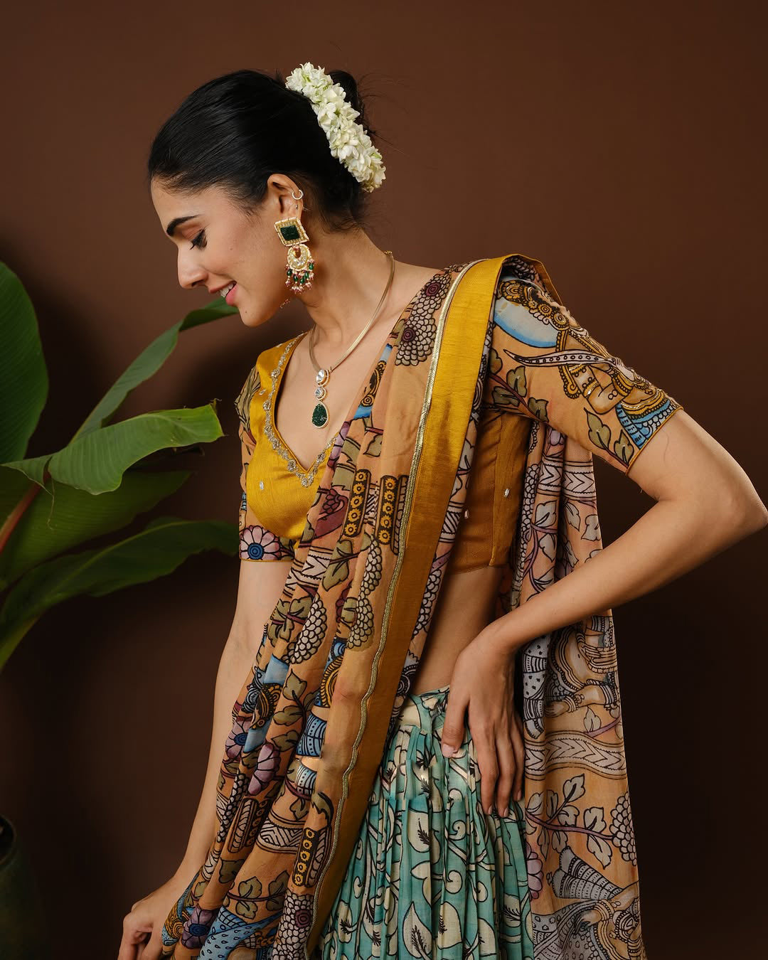 Elegant Printed Kalamkari Lehenga with Mirror Work – Ideal for Indian Weddings & Special Occasions