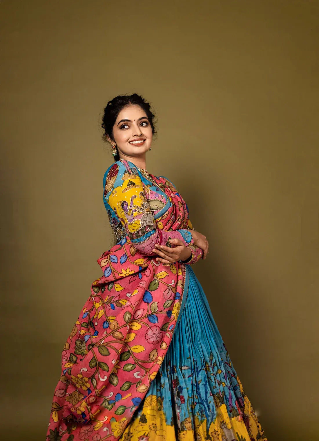 Festival Kalamkari Cotton Lehenga Choli Set with Flair & Dupatta