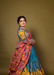 Festival Kalamkari Cotton Lehenga Choli Set with Flair & Dupatta