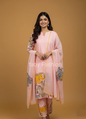 Baby Pink Cotton Kurta Set with Kalamkari-Inspired Animal Motifs – Ethnic Wear for Women with Dupatta