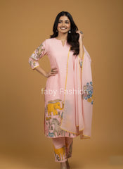 Baby Pink Cotton Kurta Set with Kalamkari-Inspired Animal Motifs – Ethnic Wear for Women with Dupatta