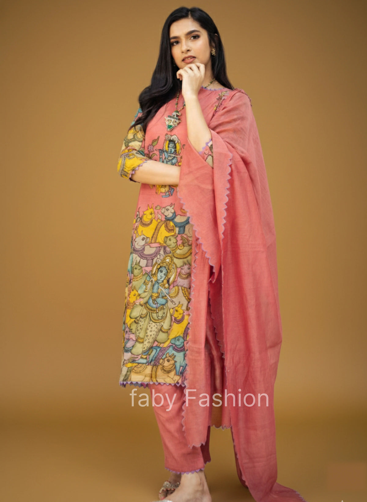 Pink Printed Krishna and Cow Motif Kurta Set with Dupatta – Triangle Lace & Scallop Border Detailing
