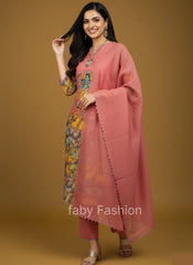 Pink Printed Krishna and Cow Motif Kurta Set with Dupatta – Triangle Lace & Scallop Border Detailing