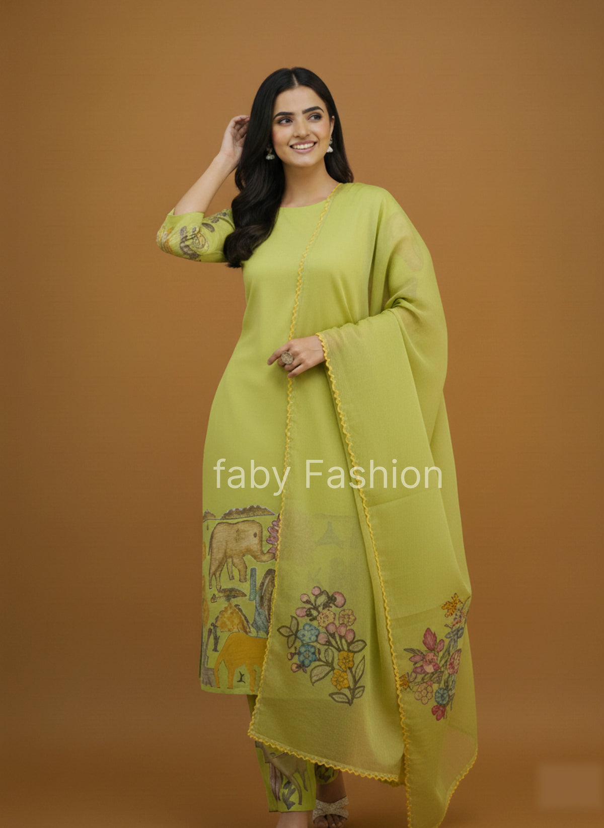 Pistachio Green Kalamkari Printed Animal & Floral Print Kurti Set with Churidar, Dupatta & Lace Detailing