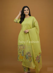 Pistachio Green Kalamkari Printed Animal & Floral Print Kurti Set with Churidar, Dupatta & Lace Detailing