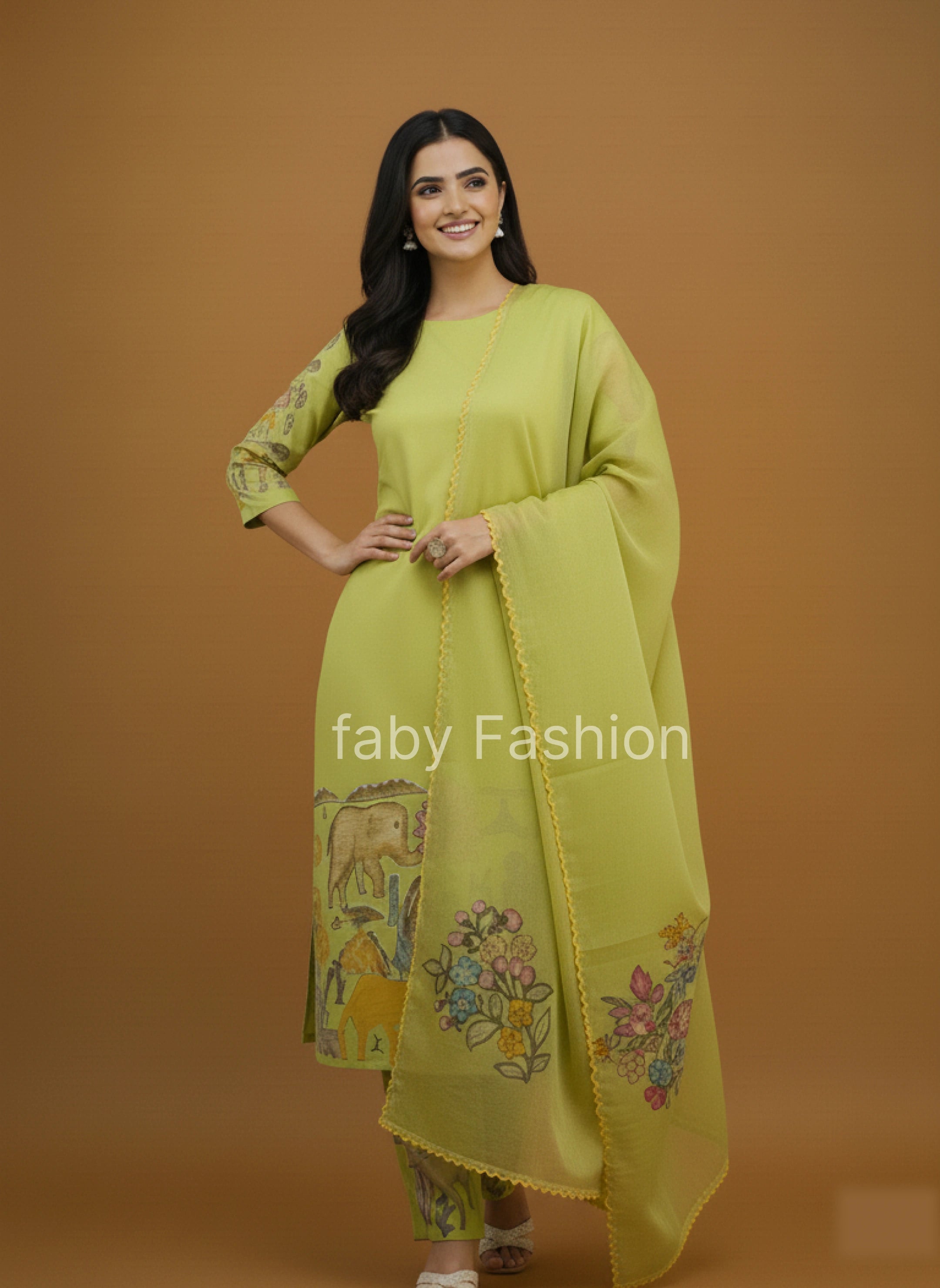 Pistachio Green Kalamkari Printed Animal & Floral Print Kurti Set with Churidar, Dupatta & Lace Detailing