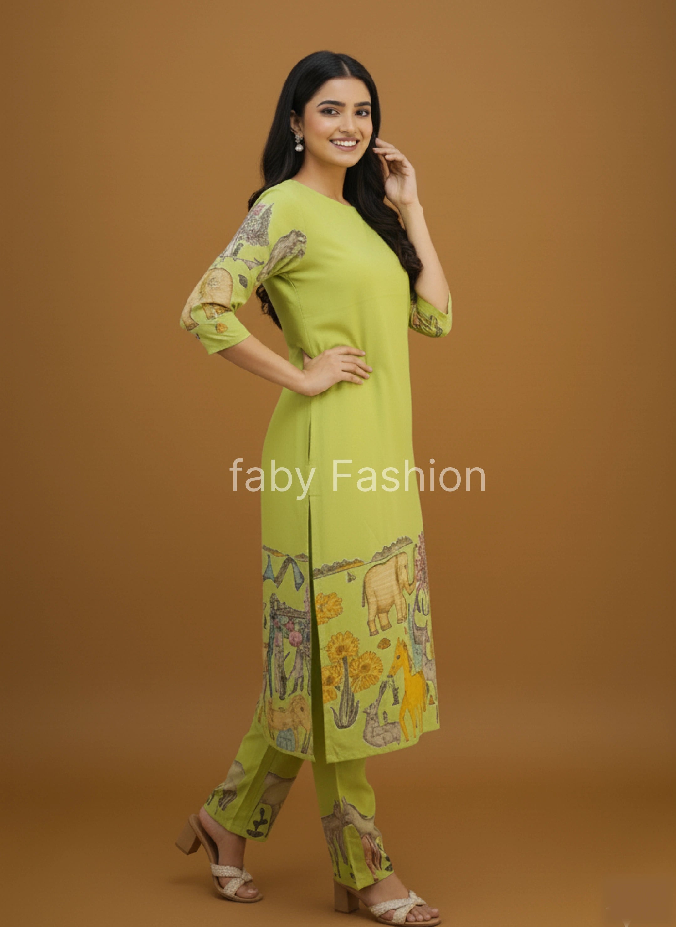 Pistachio Green Kalamkari Printed Animal & Floral Print Kurti Set with Churidar, Dupatta & Lace Detailing
