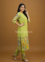 Pistachio Green Kalamkari Printed Animal & Floral Print Kurti Set with Churidar, Dupatta & Lace Detailing