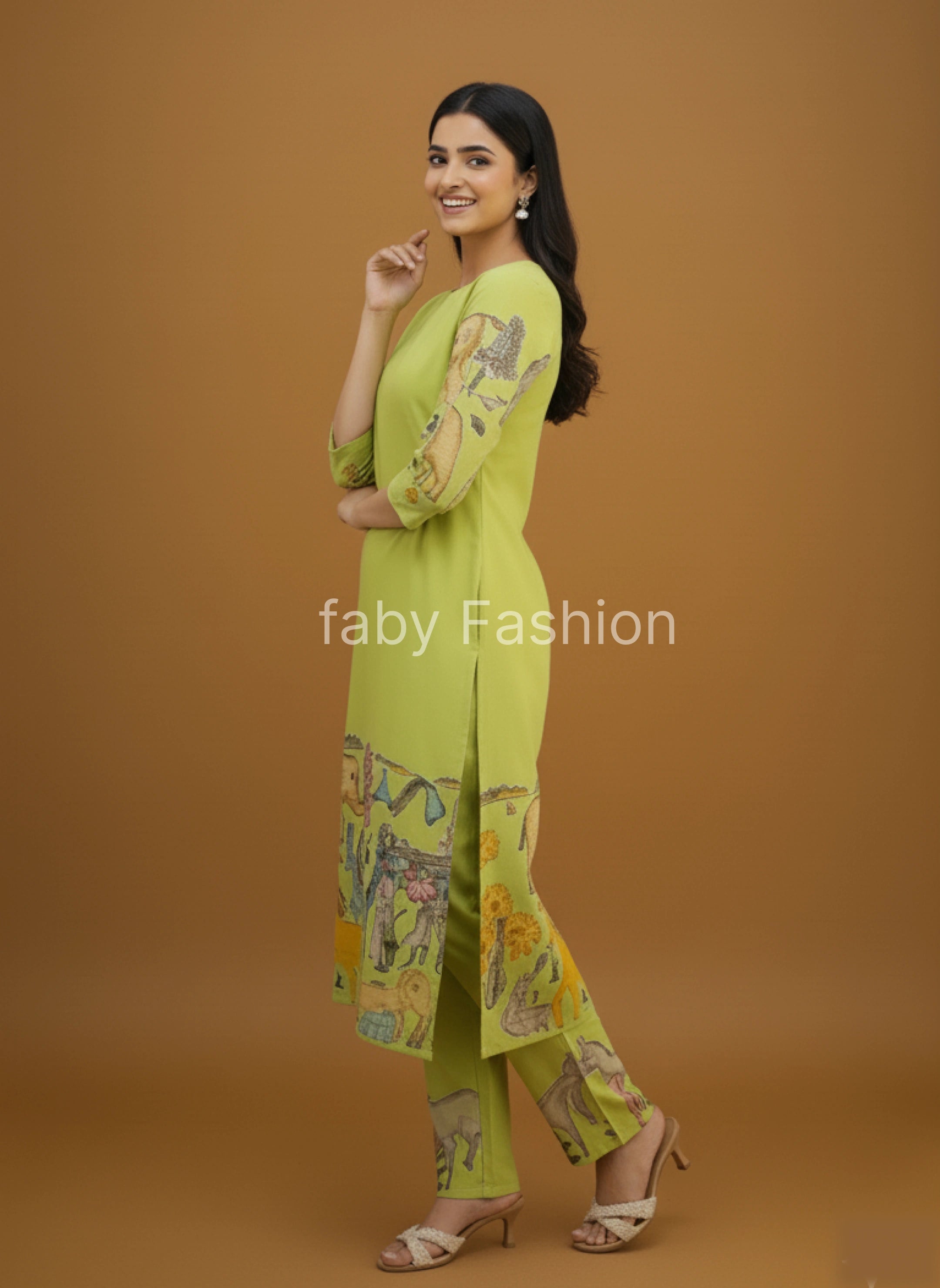 Pistachio Green Kalamkari Printed Animal & Floral Print Kurti Set with Churidar, Dupatta & Lace Detailing