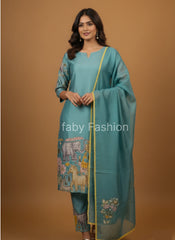 Sky Blue Cotton Kurta Set with Kalamkari Inspired Animal Motifs – Ethnic Wear for Women with Dupatta