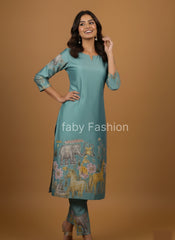 Sky Blue Cotton Kurta Set with Kalamkari Inspired Animal Motifs – Ethnic Wear for Women with Dupatta
