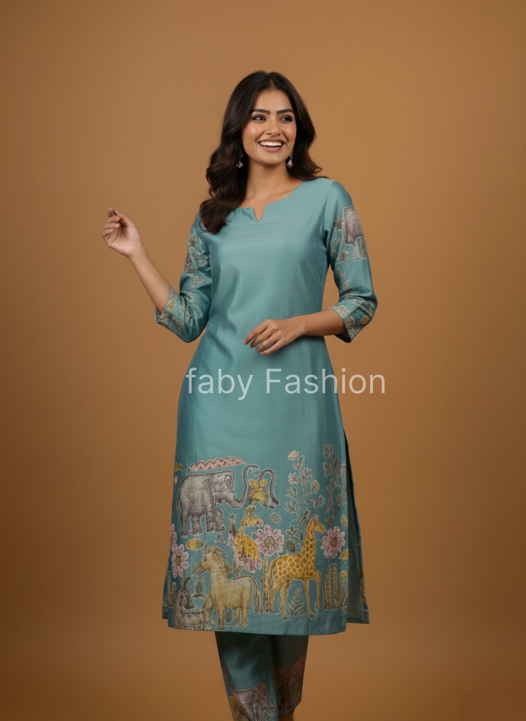 Sky Blue Cotton Kurta Set with Kalamkari Inspired Animal Motifs – Ethnic Wear for Women with Dupatta