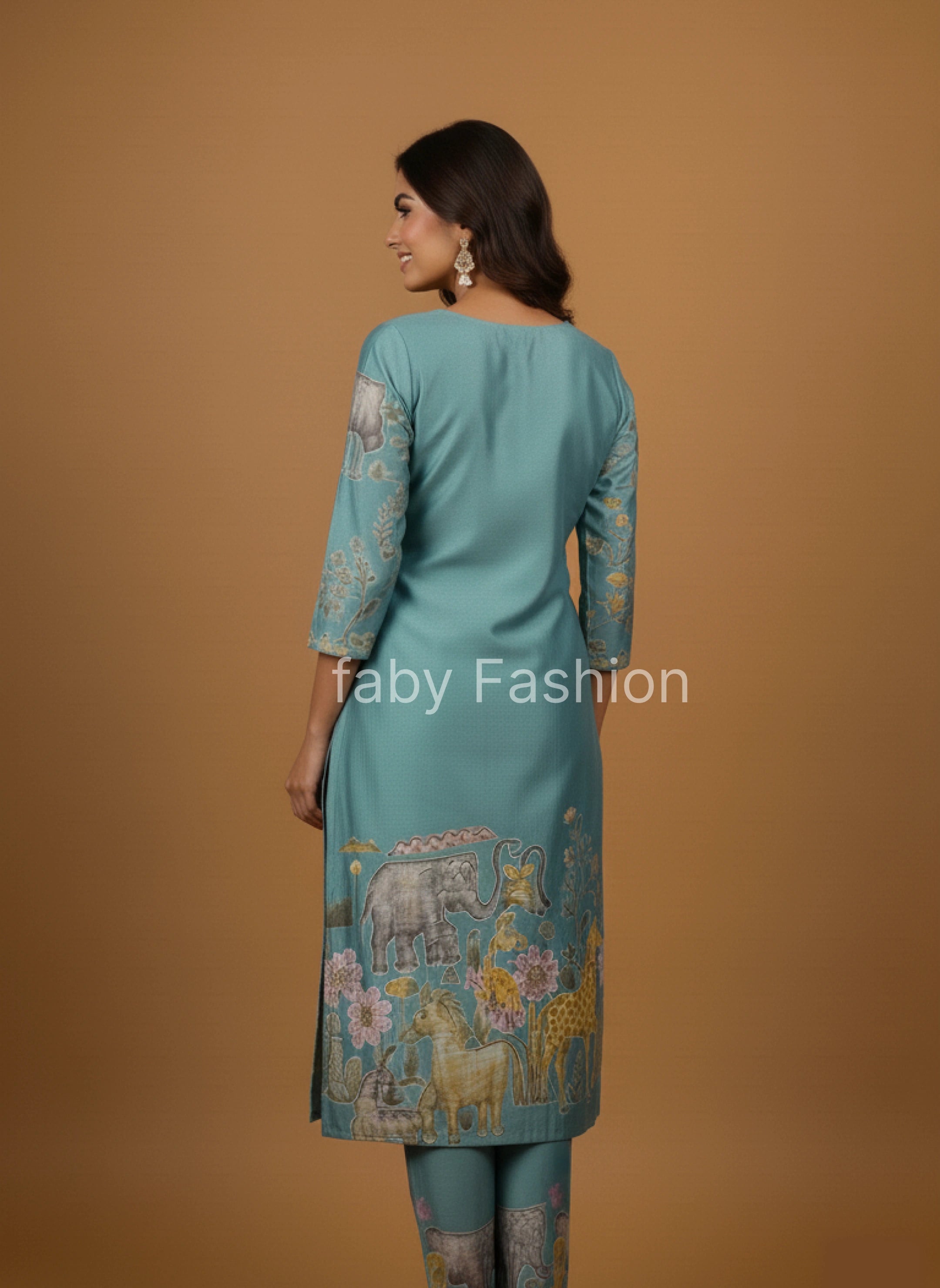 Sky Blue Cotton Kurta Set with Kalamkari Inspired Animal Motifs – Ethnic Wear for Women with Dupatta