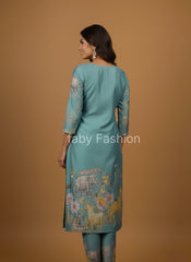 Sky Blue Cotton Kurta Set with Kalamkari Inspired Animal Motifs – Ethnic Wear for Women with Dupatta
