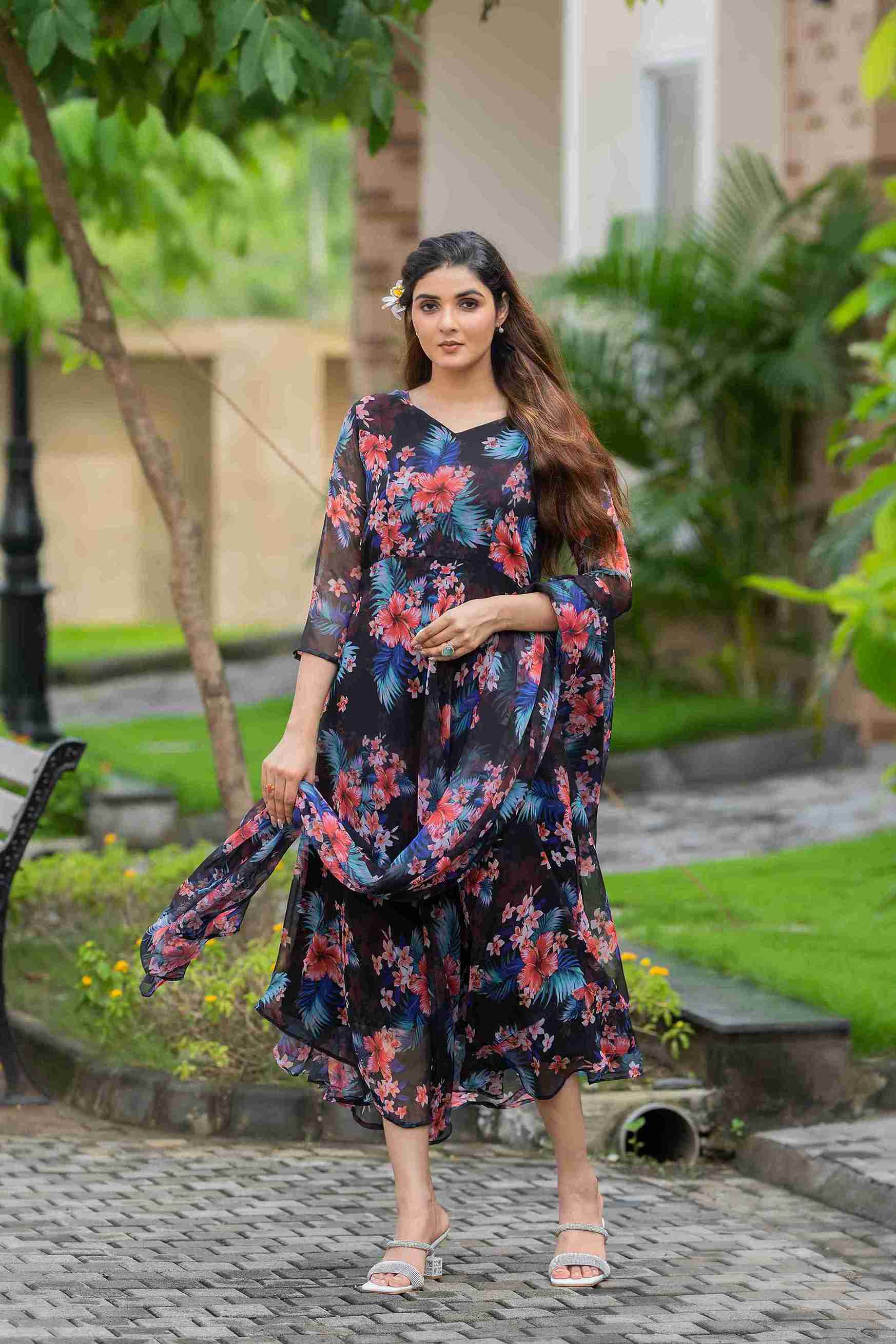 Floral Printed Georgette Maxi Gown with Dupatta