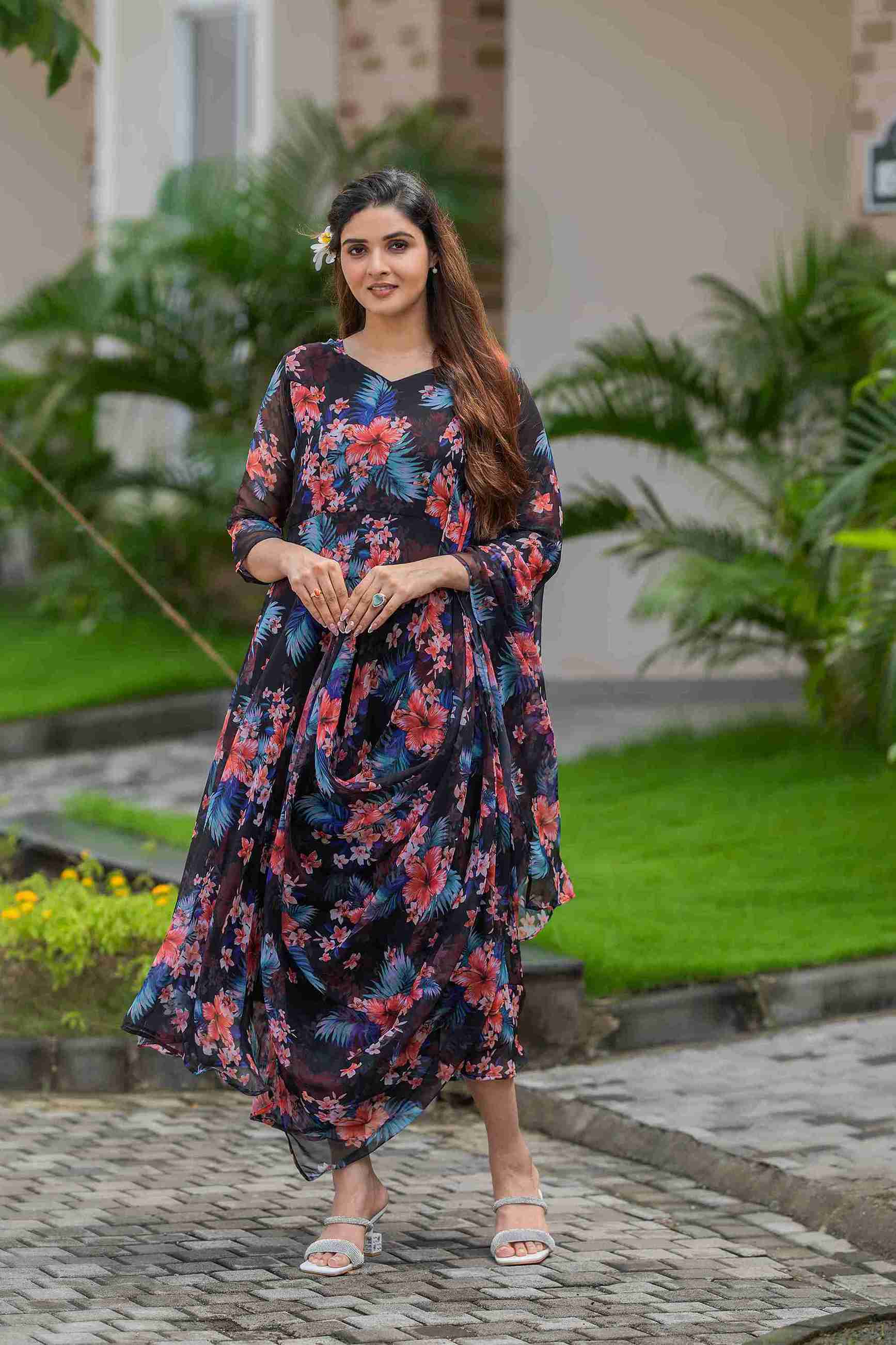 Floral Printed Georgette Maxi Gown with Dupatta