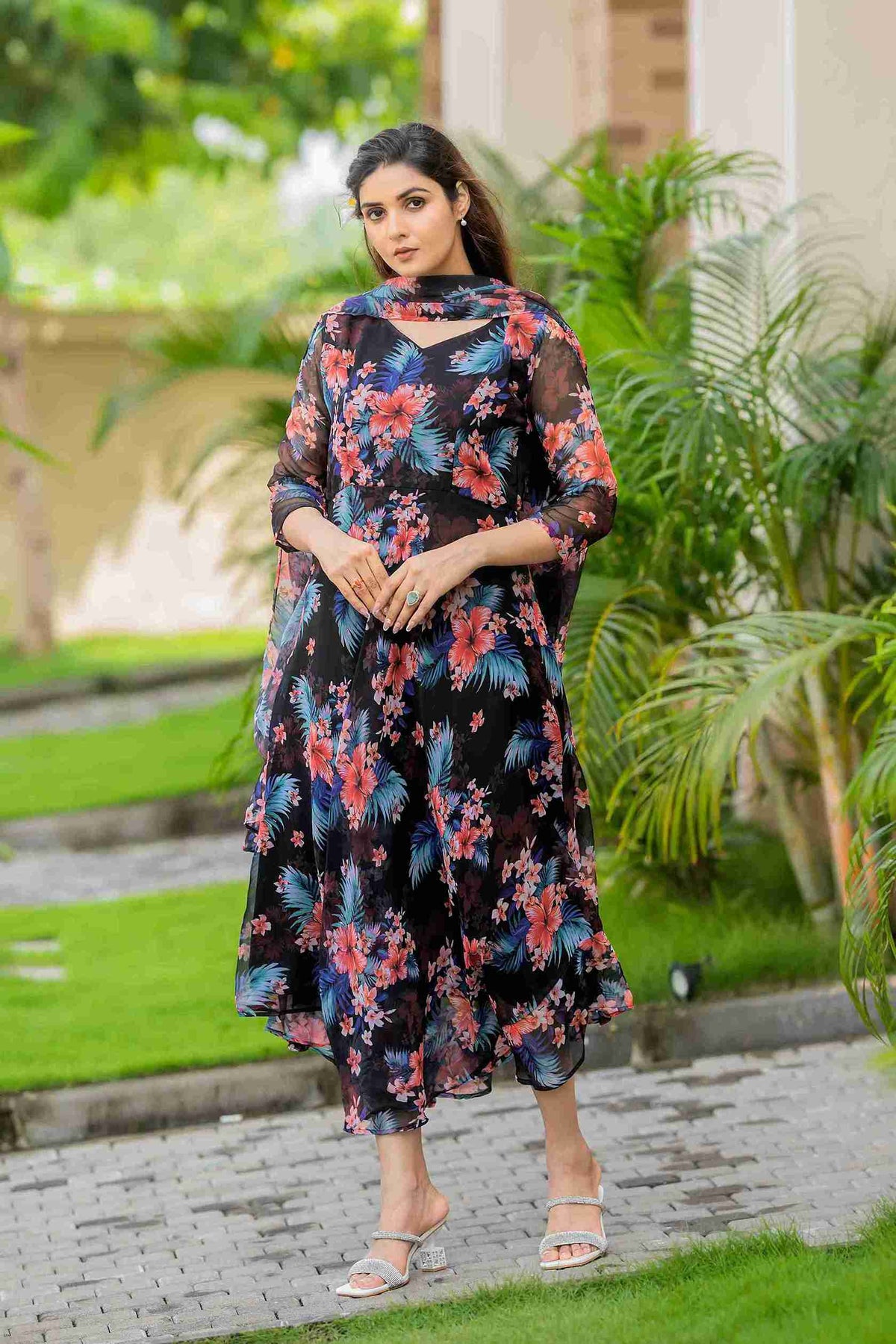 Floral Printed Georgette Maxi Gown with Dupatta