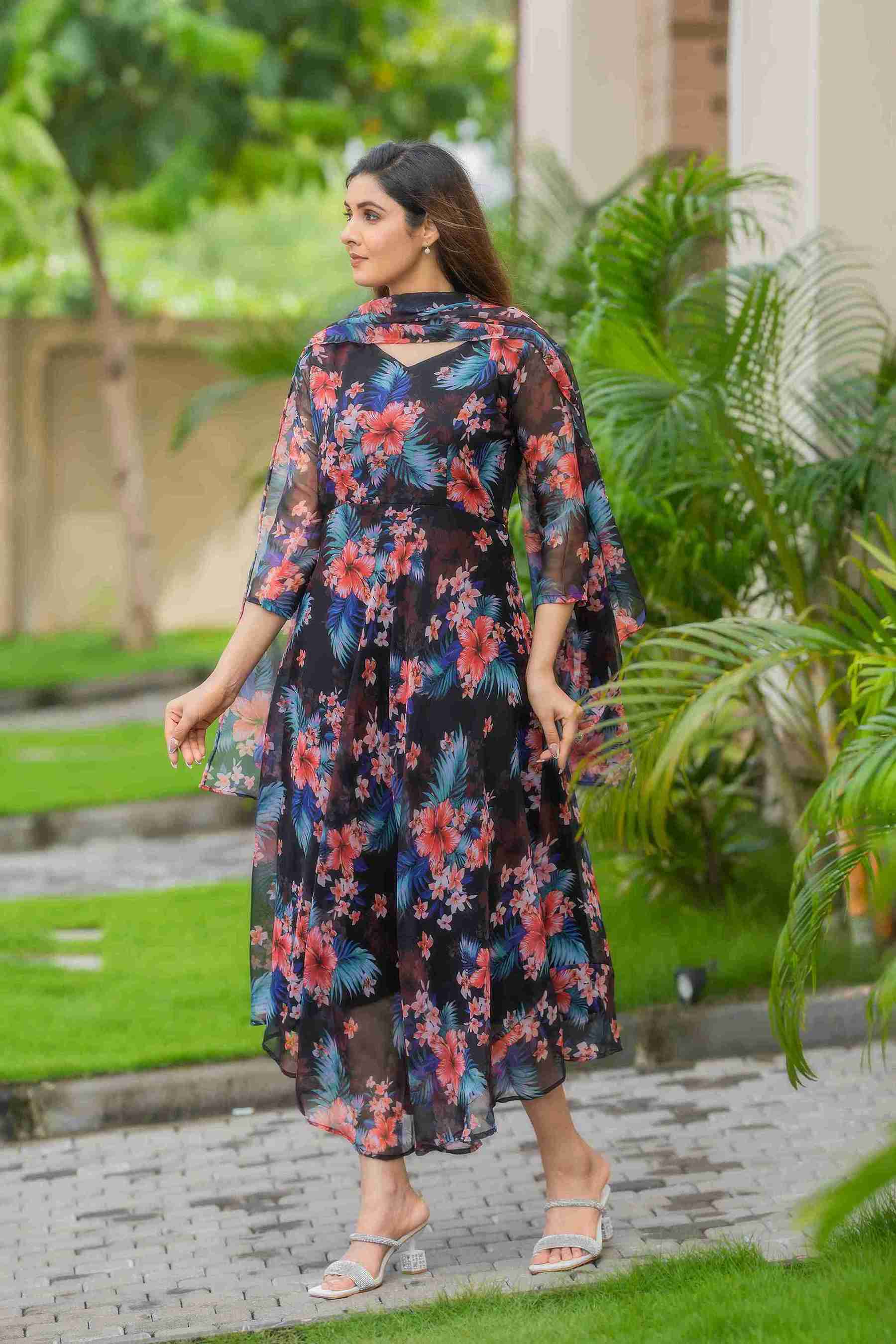 Floral Printed Georgette Maxi Gown with Dupatta