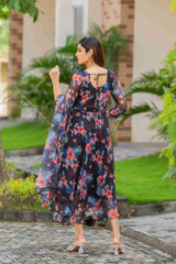 Floral Printed Georgette Maxi Gown with Dupatta