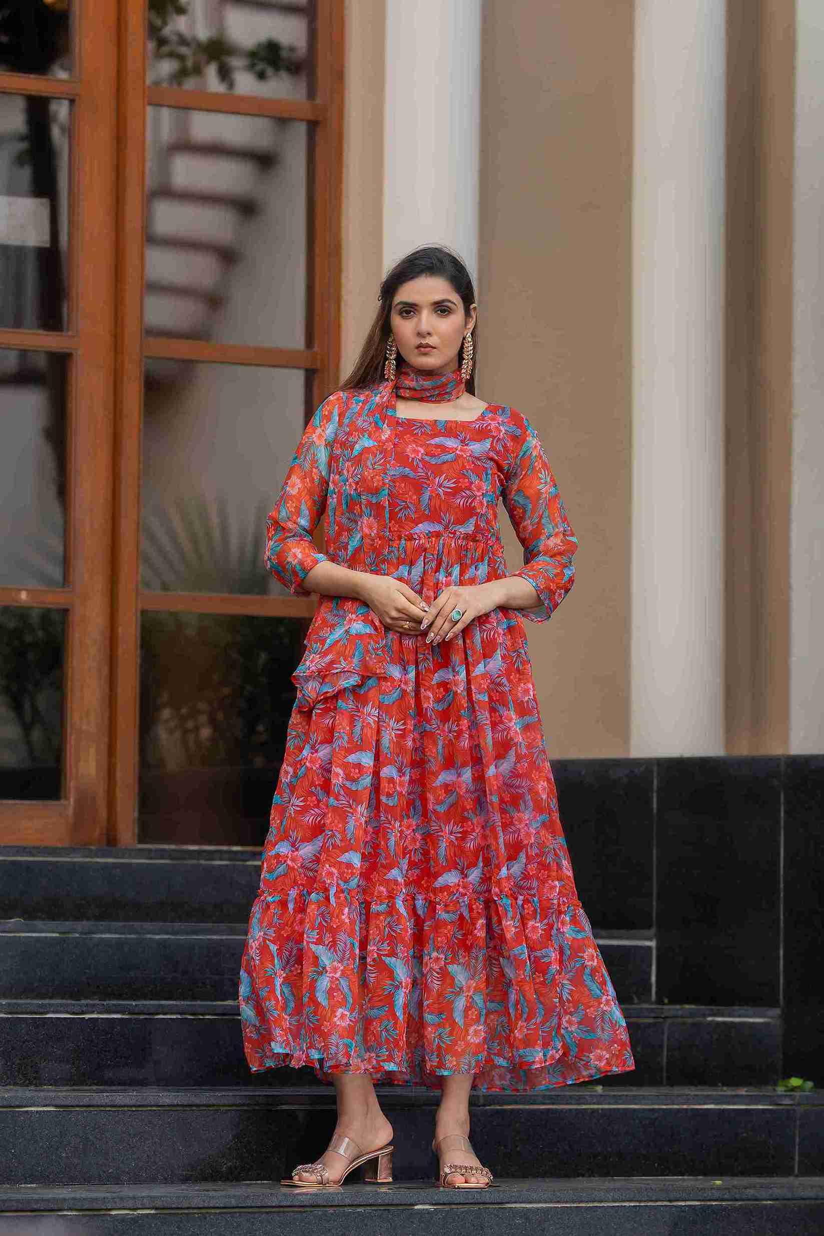 Vibrant Floral Printed Georgette Maxi Gown with Dupatta