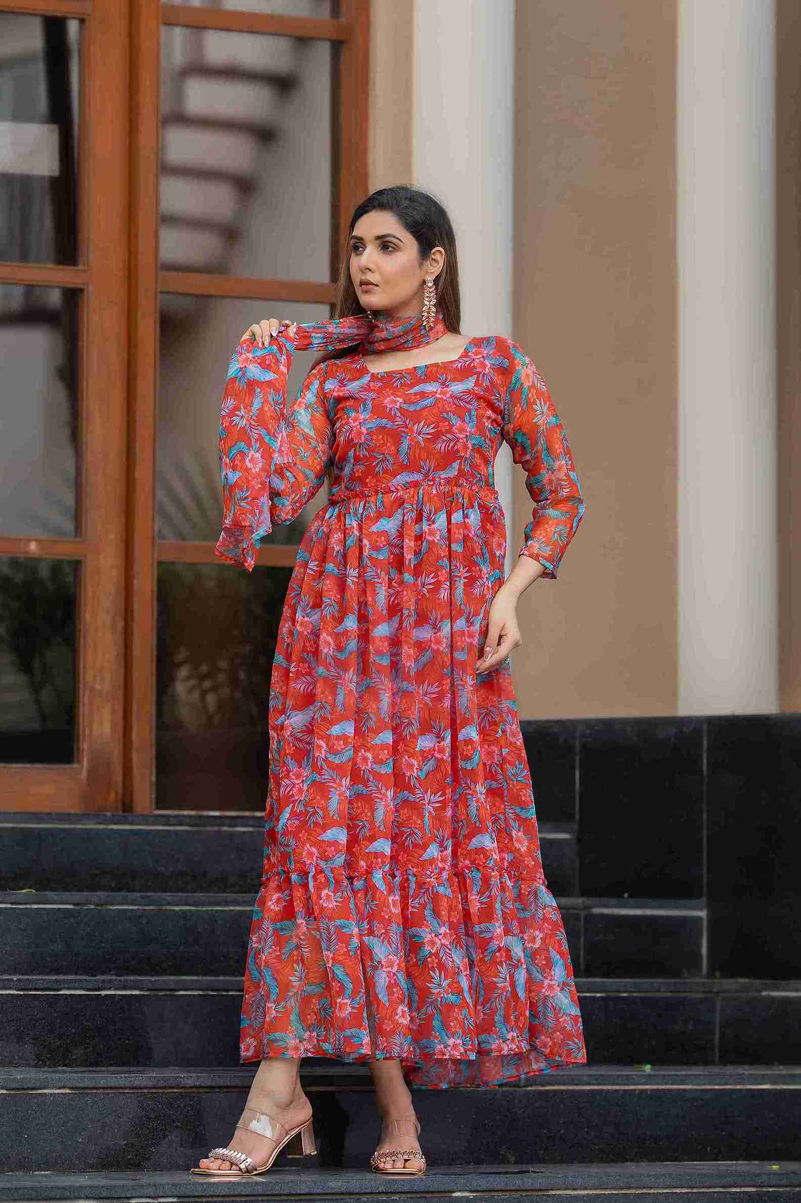 Vibrant Floral Printed Georgette Maxi Gown with Dupatta