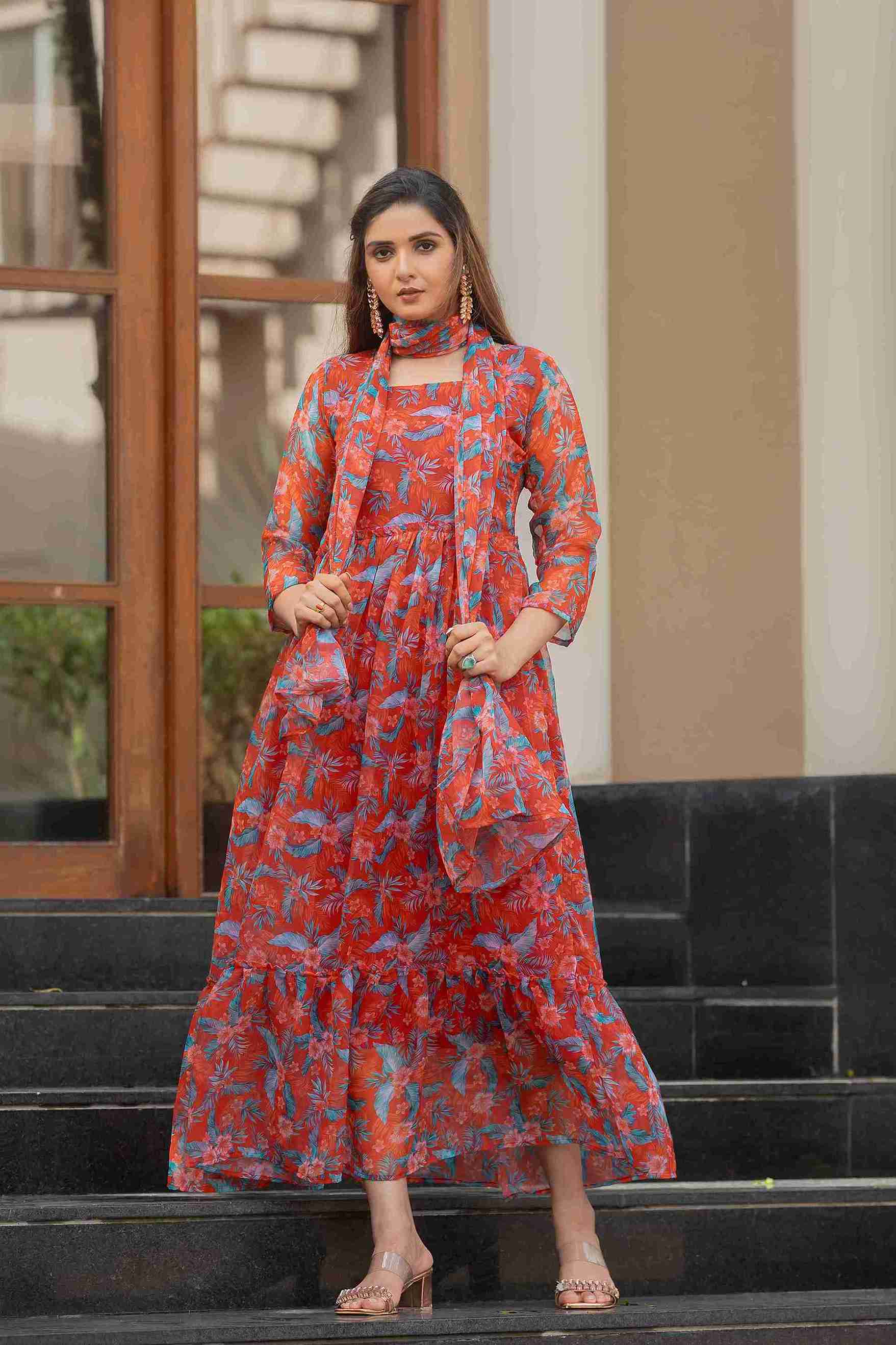 Vibrant Floral Printed Georgette Maxi Gown with Dupatta