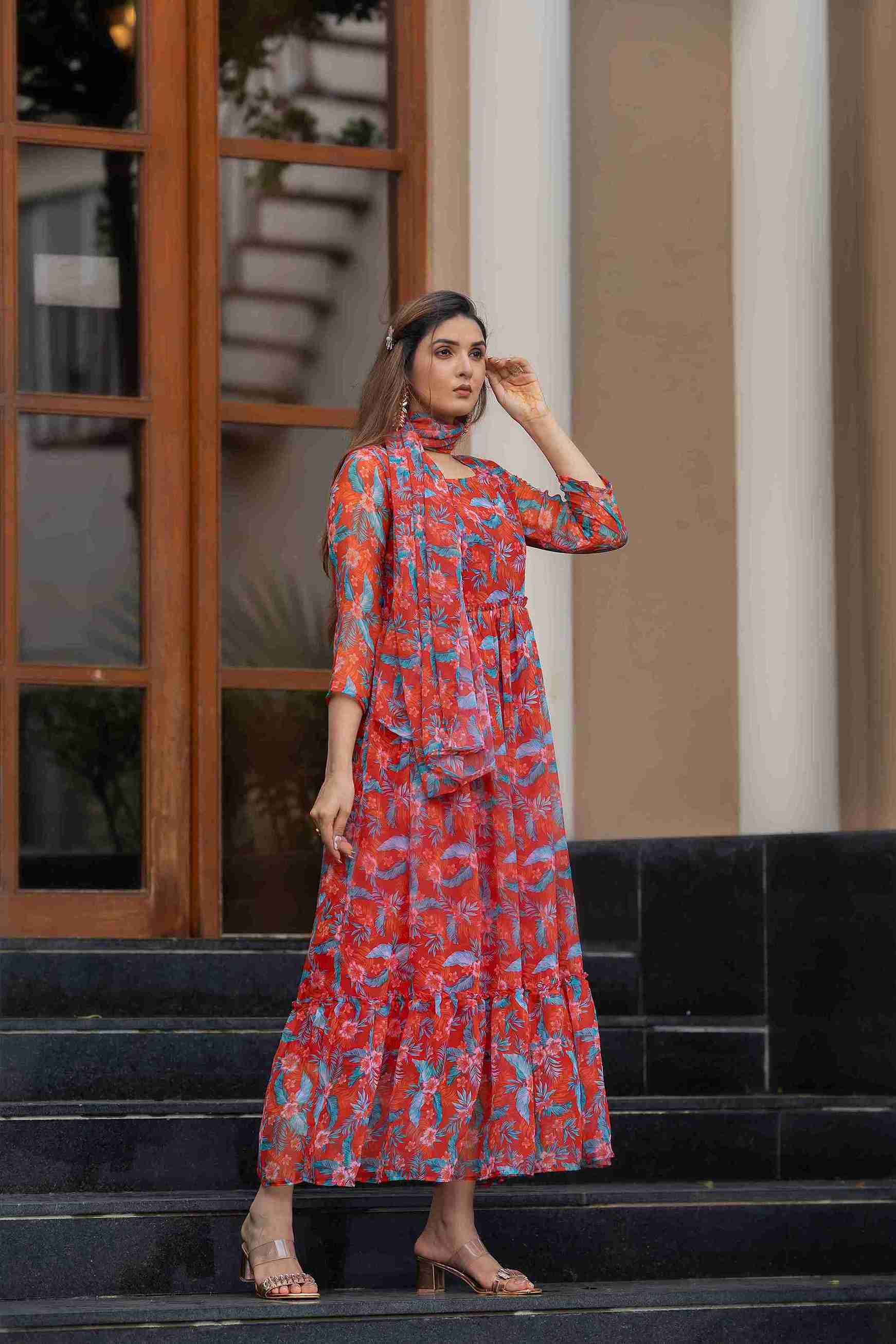 Vibrant Floral Printed Georgette Maxi Gown with Dupatta