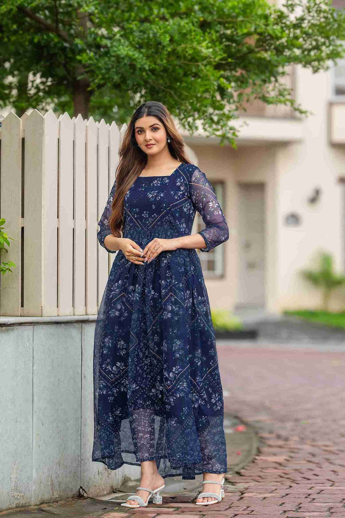 Elegant Navy Blue Printed Maxi Gown