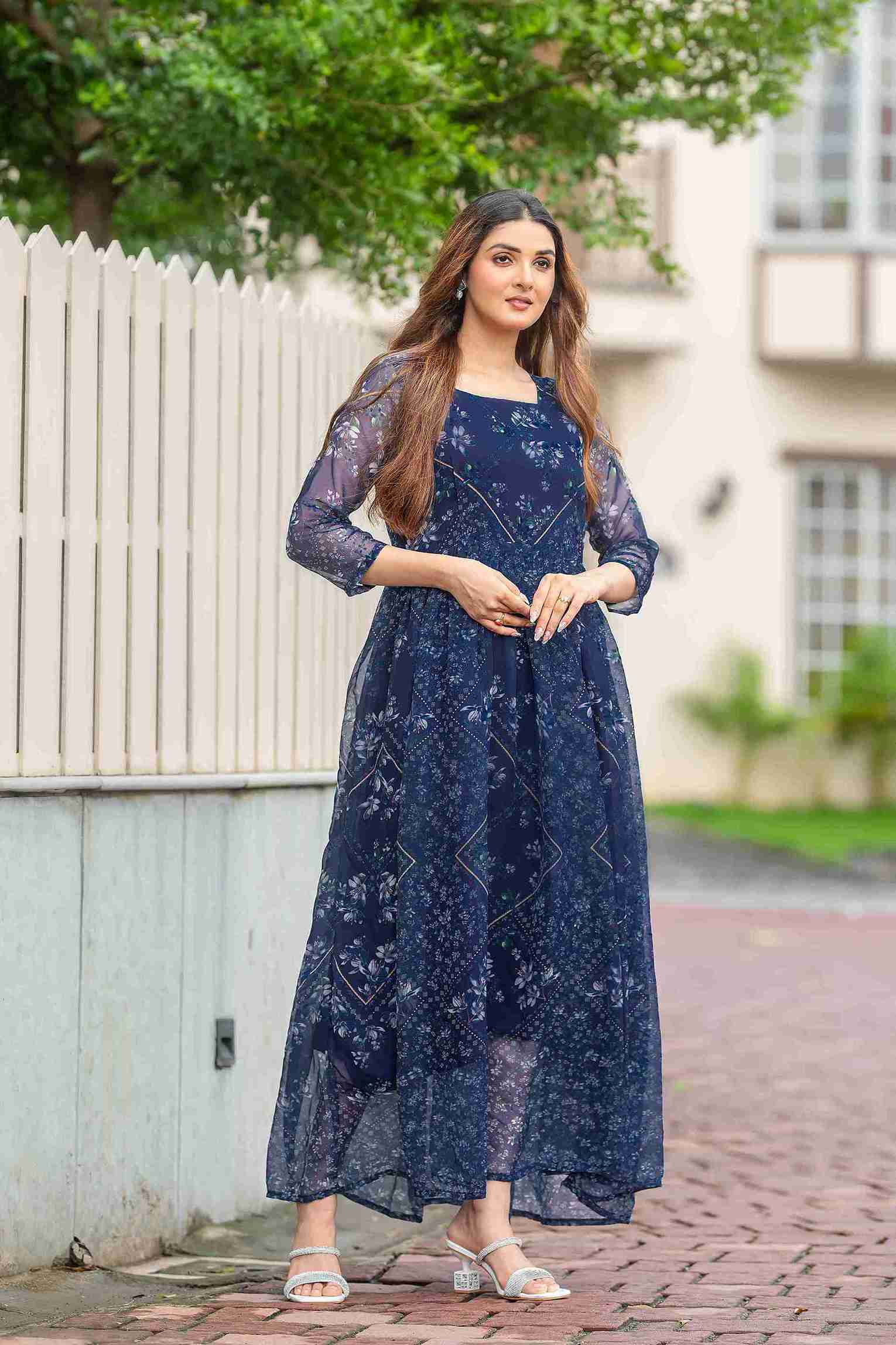 Elegant Navy Blue Printed Maxi Gown