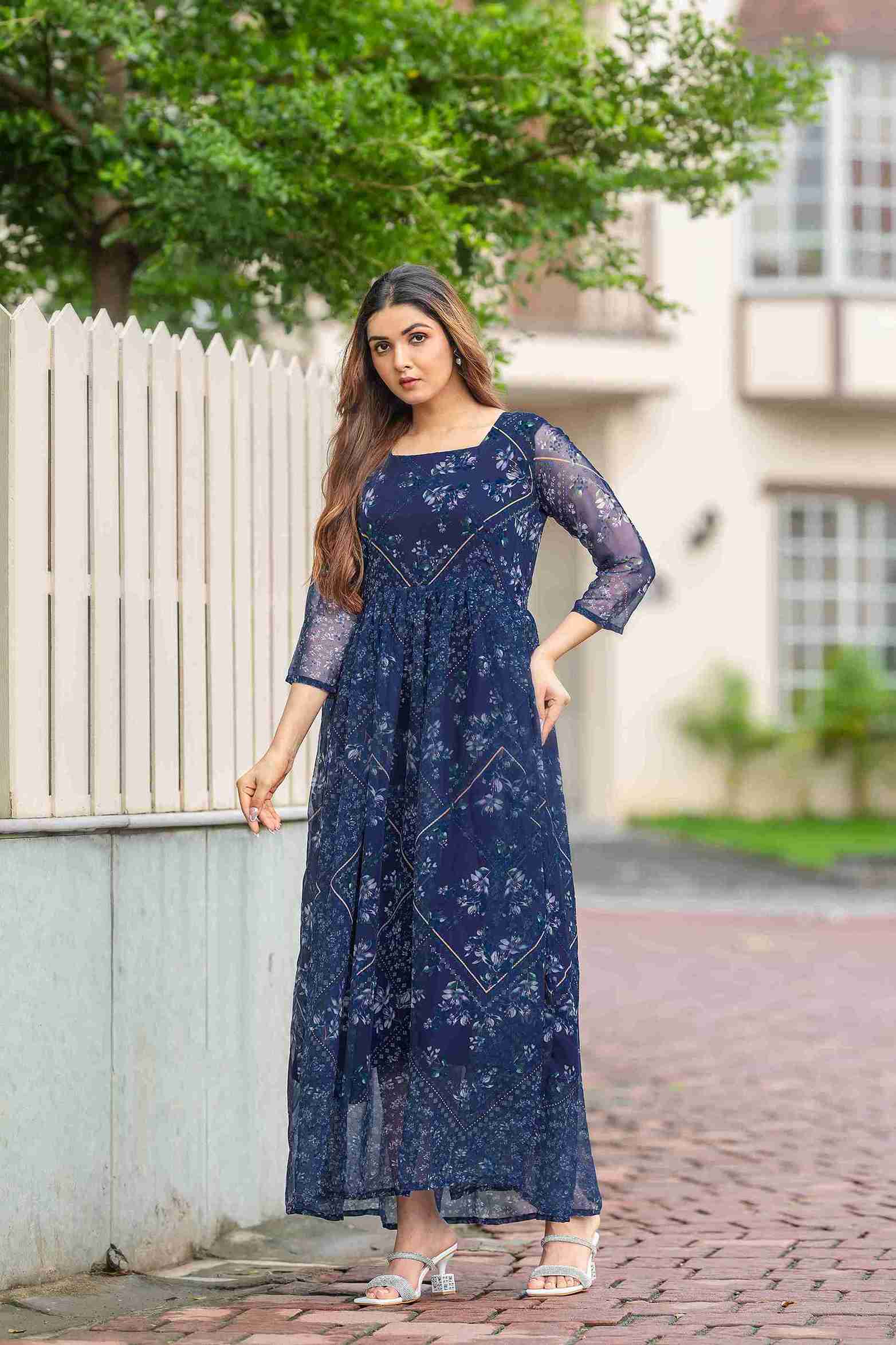 Elegant Navy Blue Printed Maxi Gown