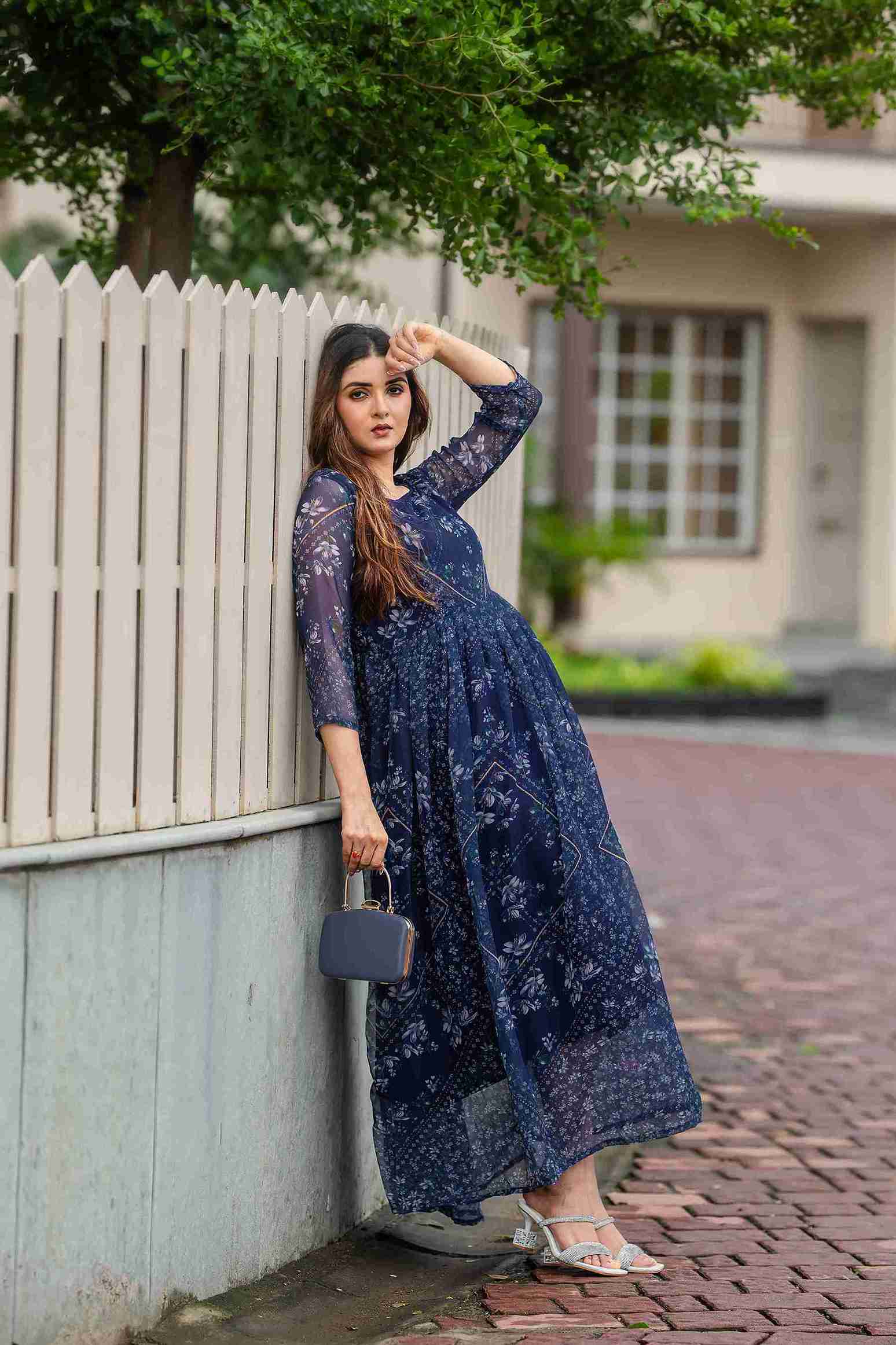 Elegant Navy Blue Printed Maxi Gown