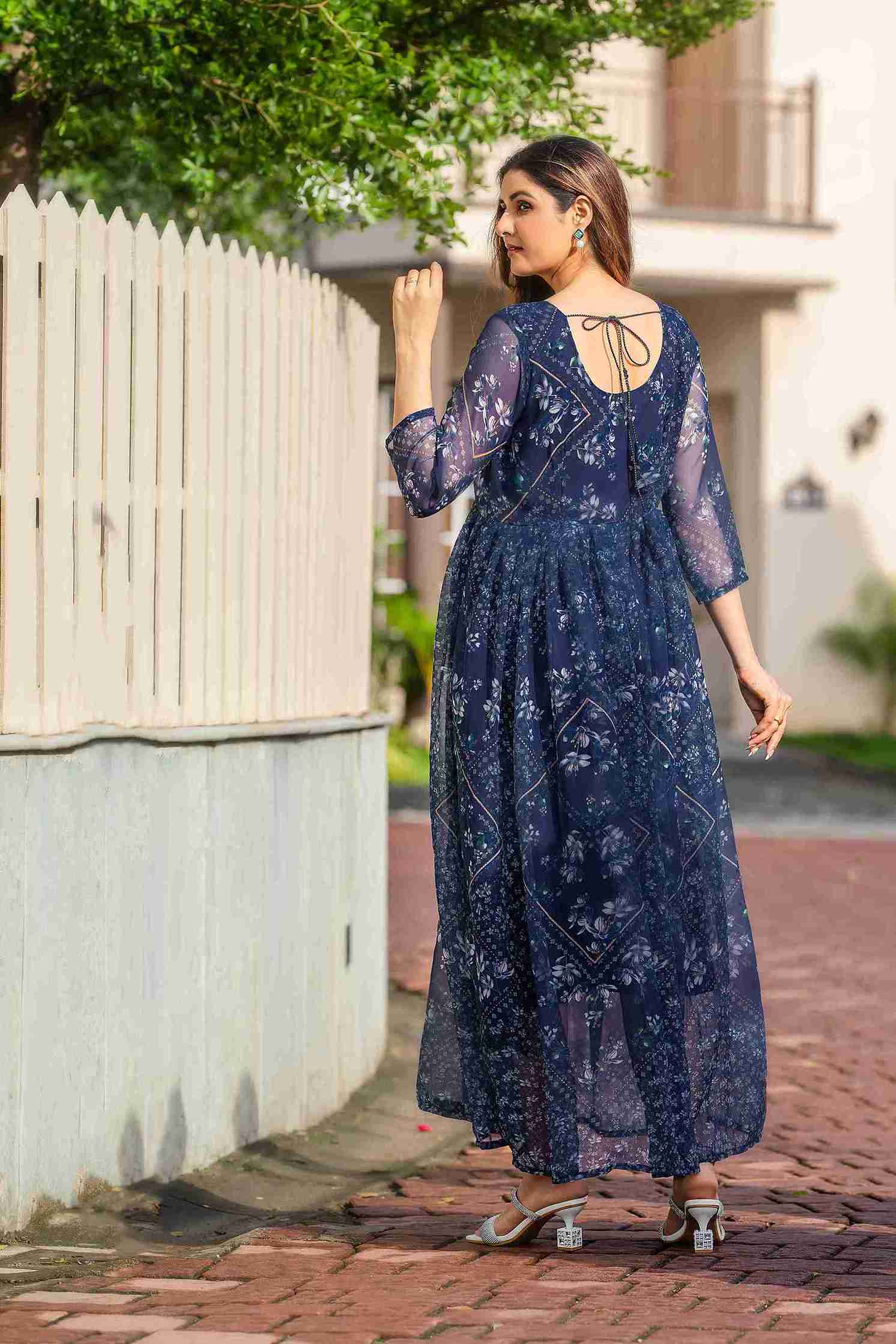 Elegant Navy Blue Printed Maxi Gown