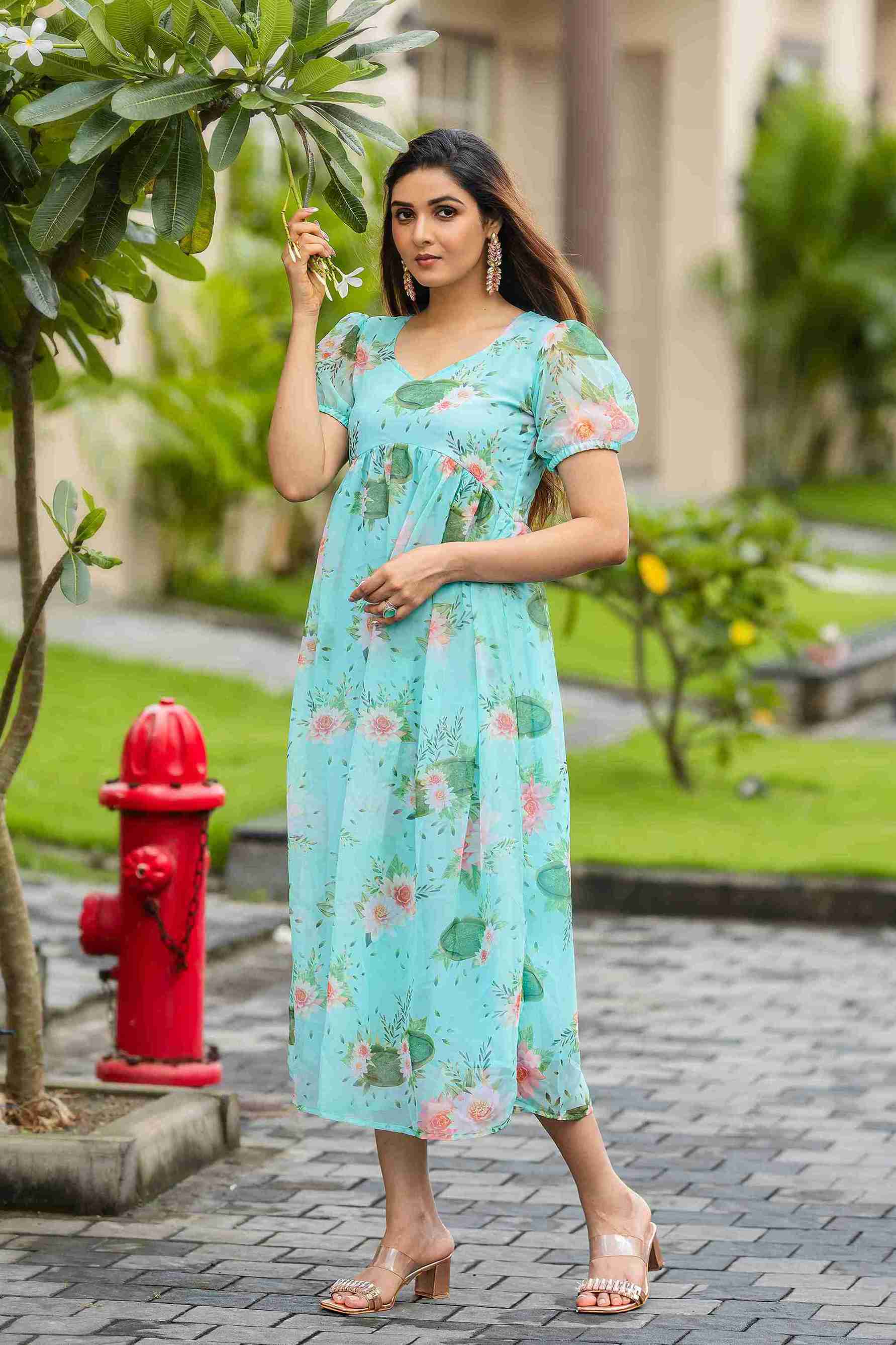 Sky Blue Floral Printed Maxi Gown