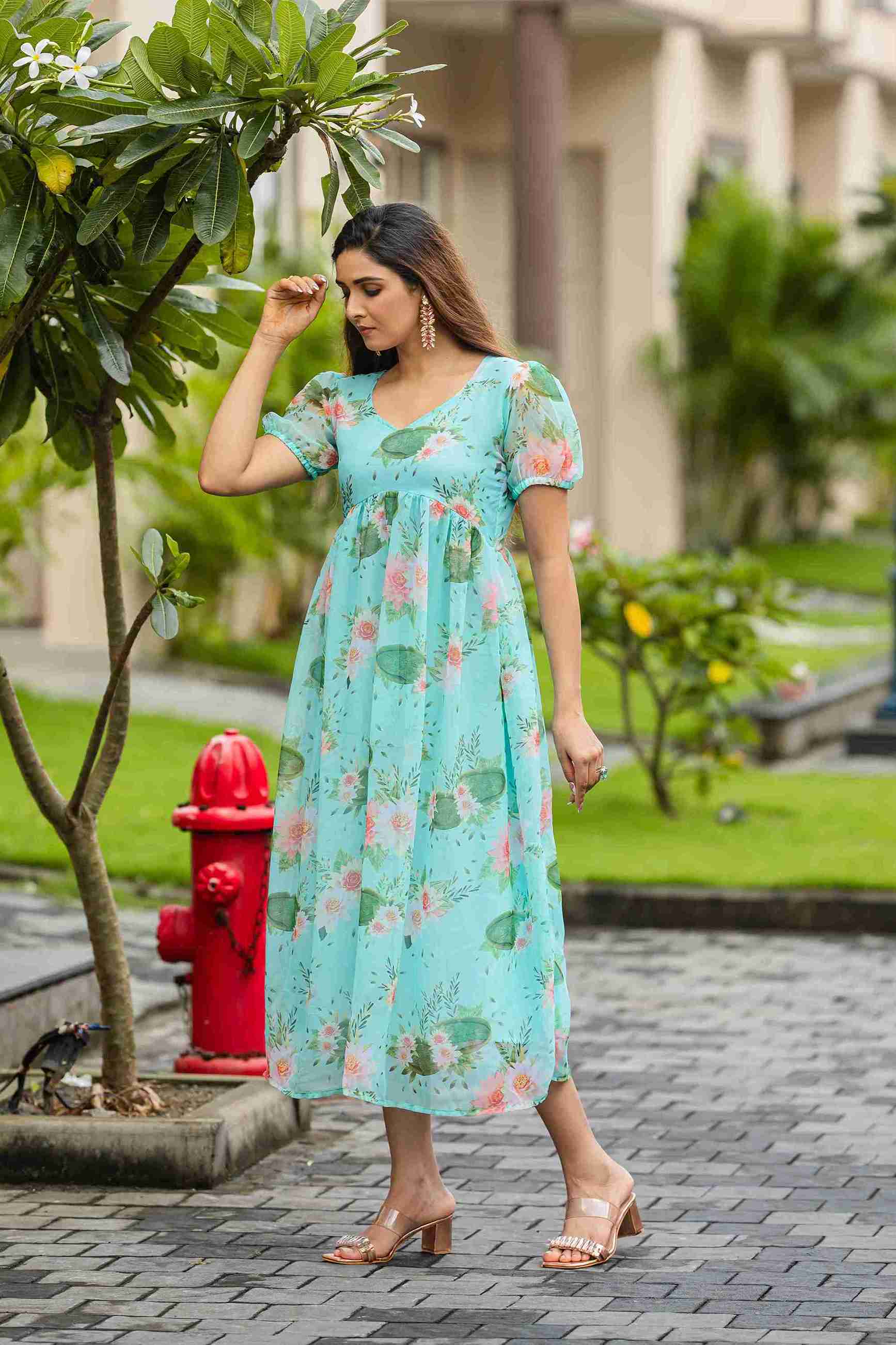 Sky Blue Floral Printed Maxi Gown