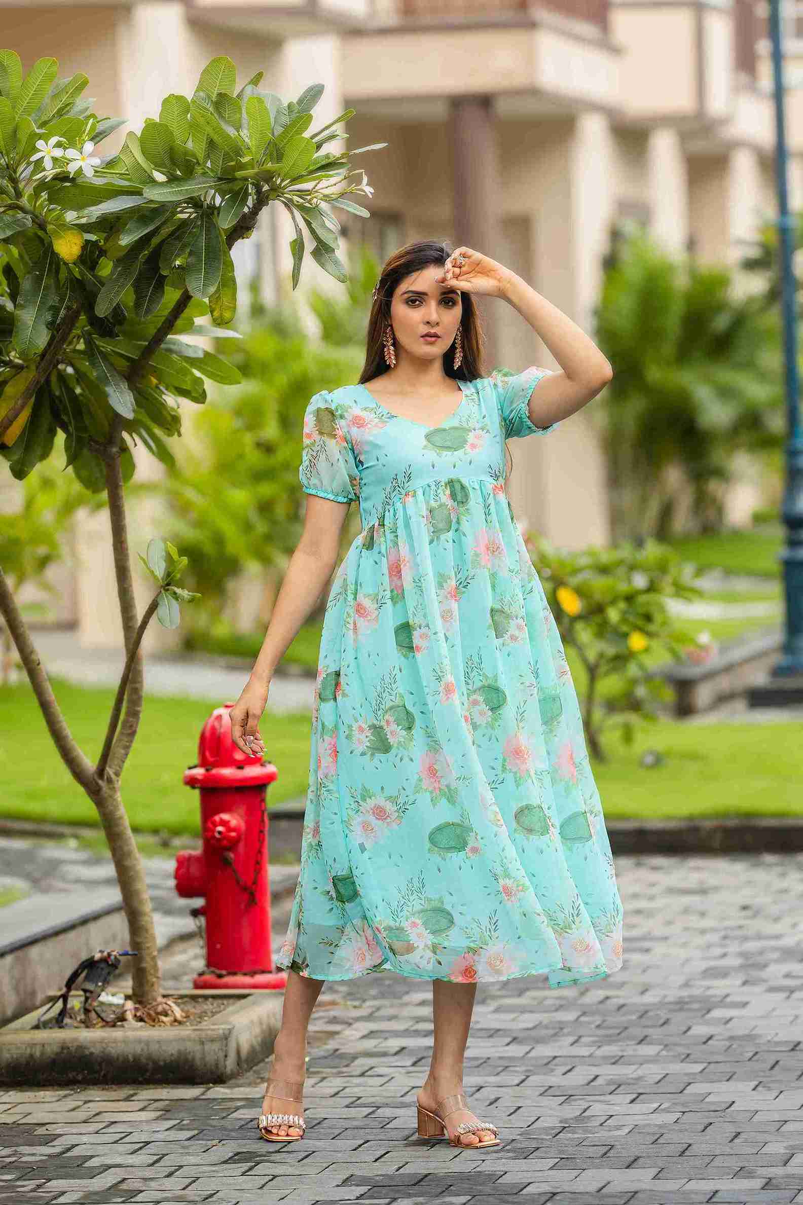 Sky Blue Floral Printed Maxi Gown