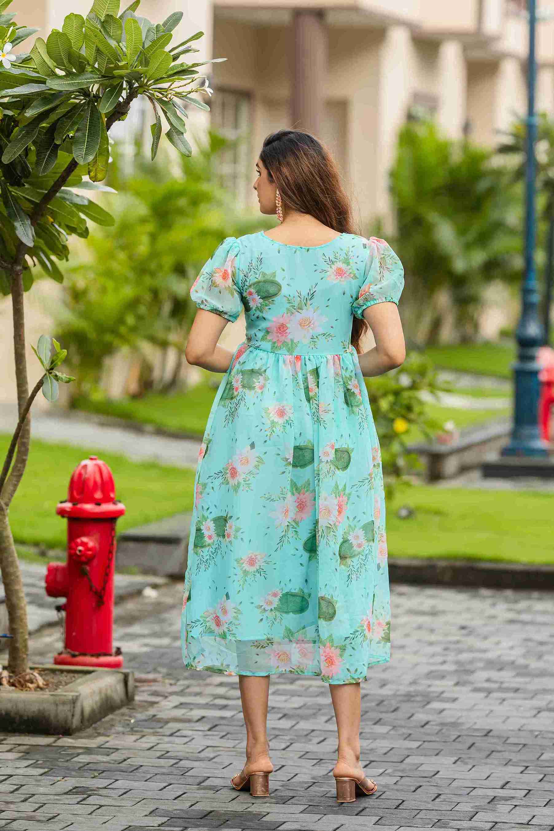 Sky Blue Floral Printed Maxi Gown