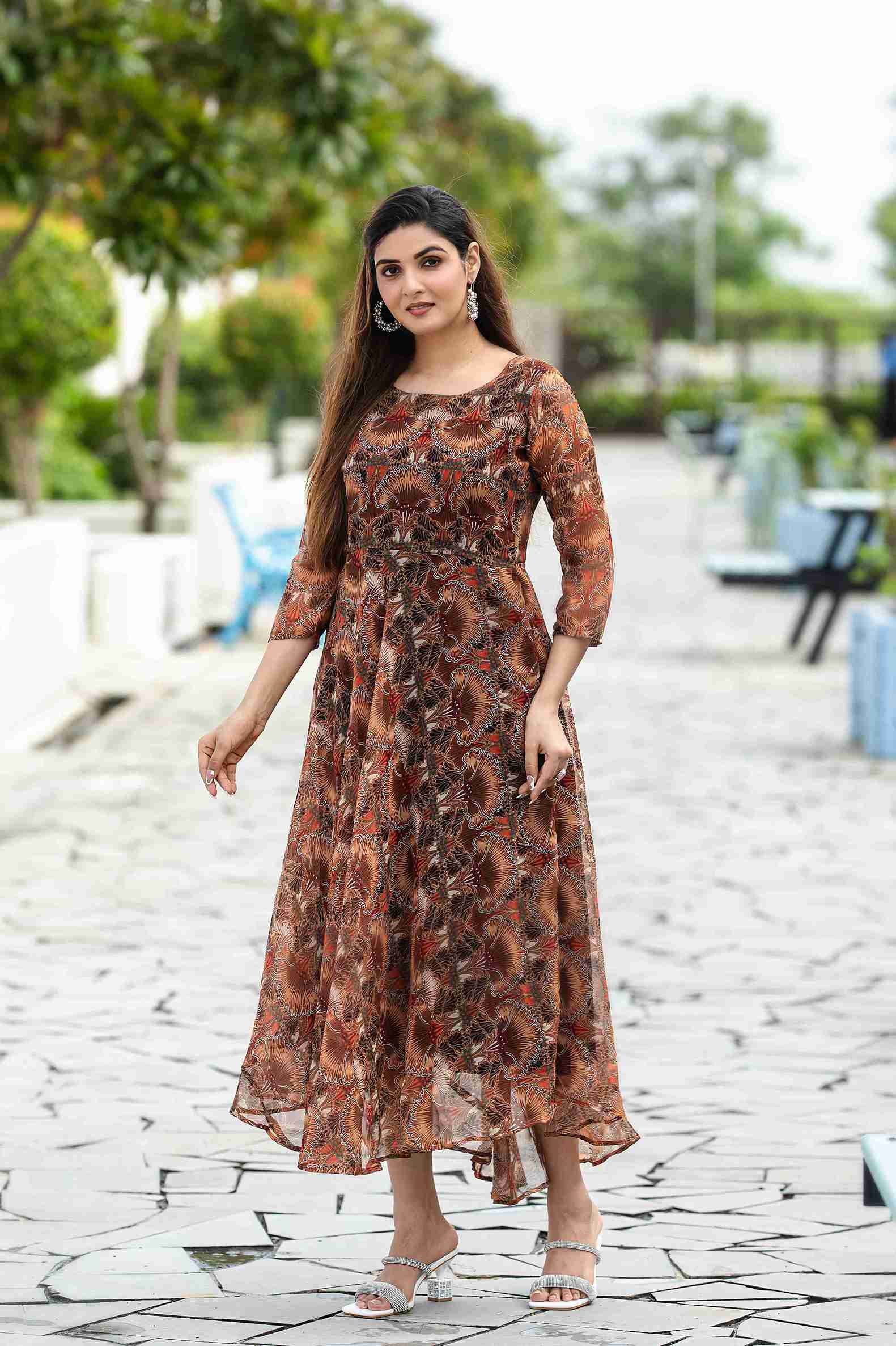 Earthy Floral Printed Maxi Gown