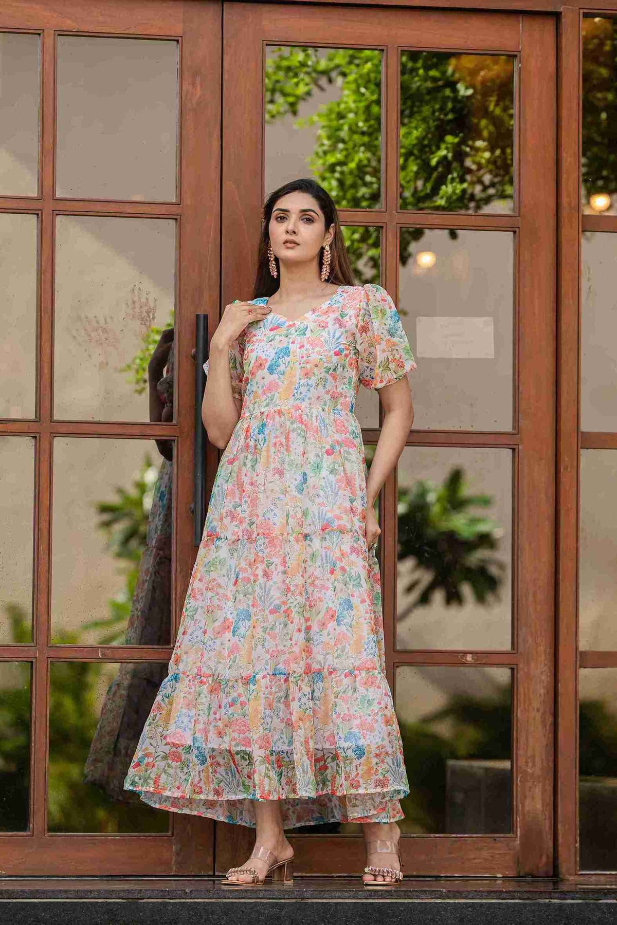 Pastel Floral Printed Maxi Gown