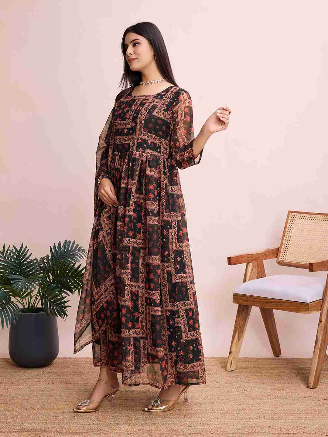 Geometric Printed Maxi Gown with Dupatta