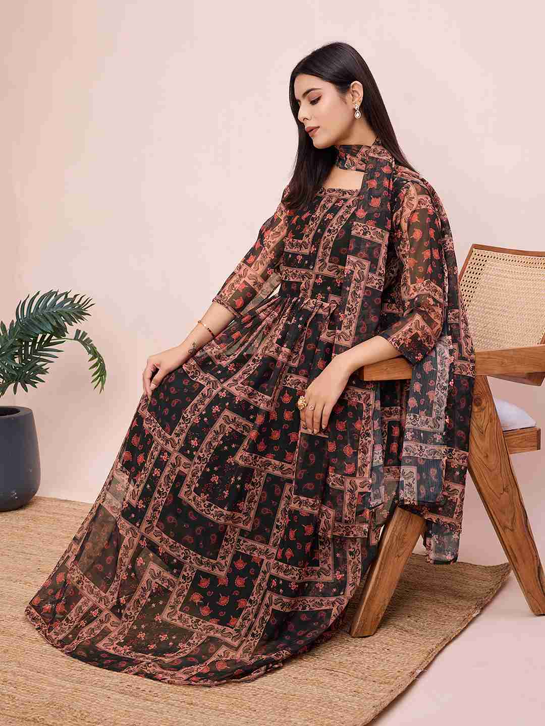 Geometric Printed Maxi Gown with Dupatta