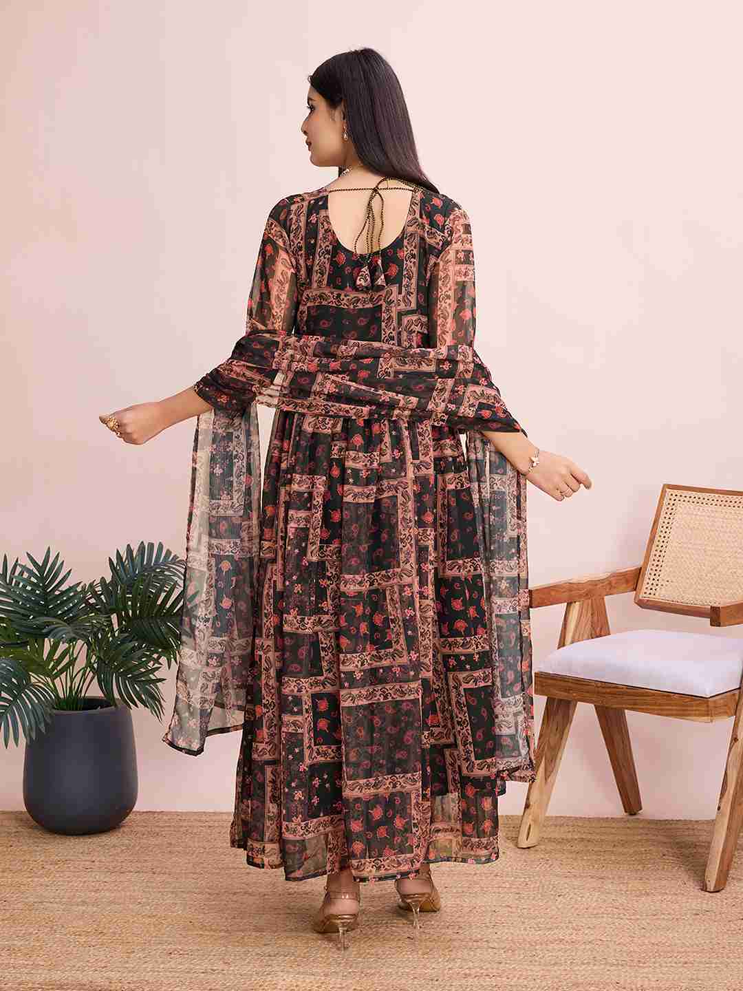 Geometric Printed Maxi Gown with Dupatta