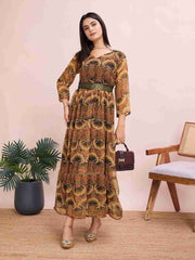 Printed Georgette Maxi Gown with Belt